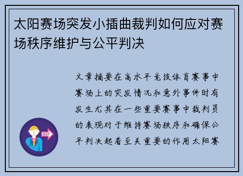 太阳赛场突发小插曲裁判如何应对赛场秩序维护与公平判决