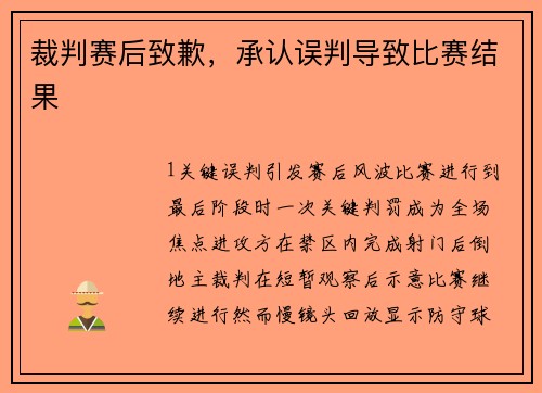 裁判赛后致歉，承认误判导致比赛结果